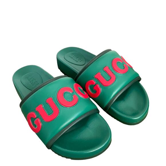 GUCCI  Jumbo Logo Embossed Slide Sandals Italian Leather Green Men's Size G9 NEW - Picture 7 of 12